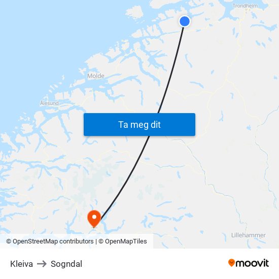 Kleiva to Sogndal map