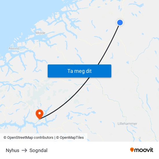 Nyhus to Sogndal map