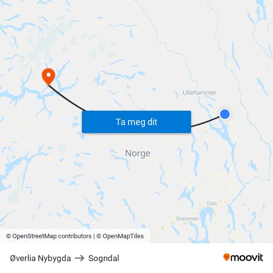 Øverlia Nybygda to Sogndal map