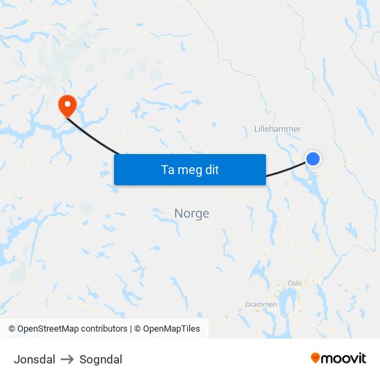 Jonsdal to Sogndal map