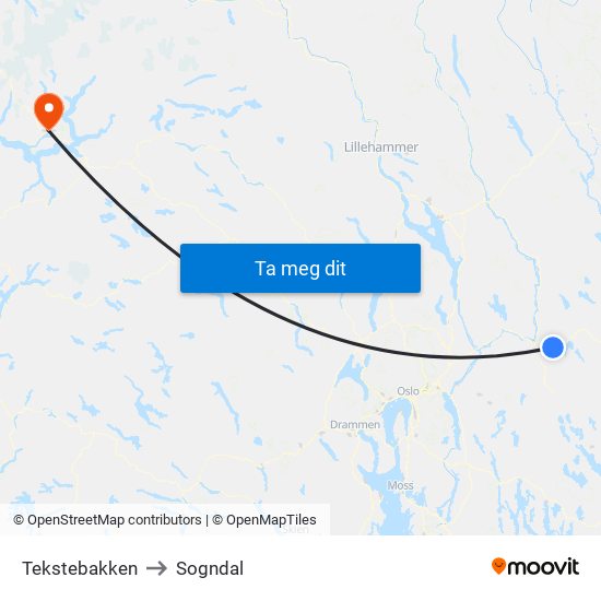 Tekstebakken to Sogndal map