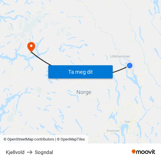 Kjellvold to Sogndal map