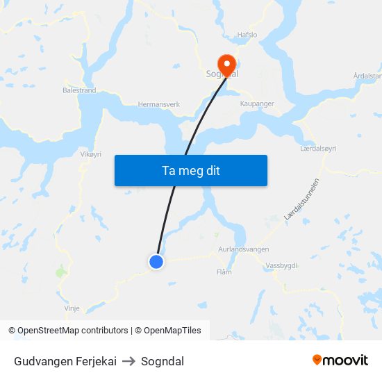Gudvangen Ferjekai to Sogndal map
