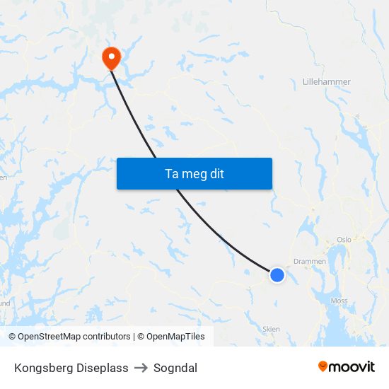 Kongsberg Diseplass to Sogndal map