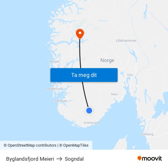 Byglandsfjord Meieri to Sogndal map