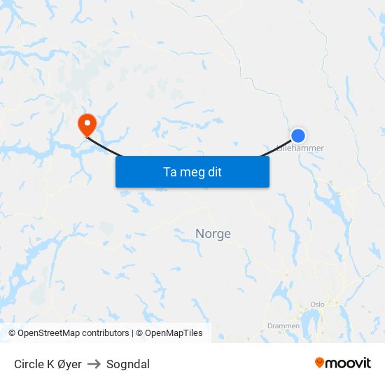 Circle K Øyer to Sogndal map