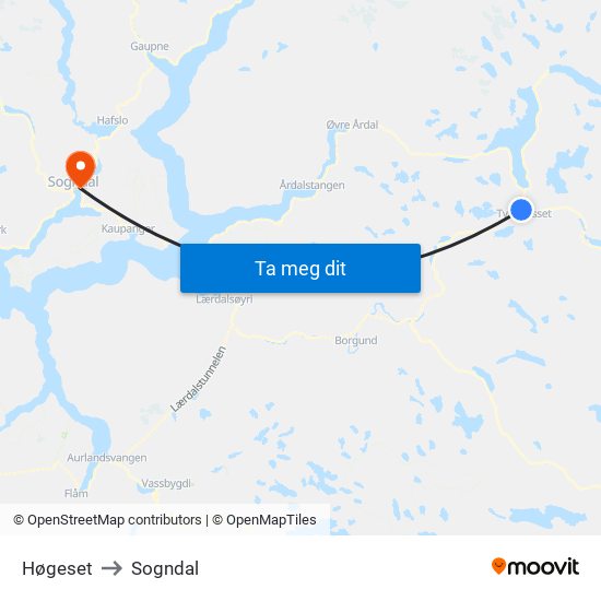 Høgeset to Sogndal map