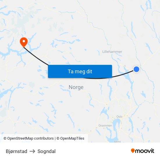 Bjørnstad to Sogndal map