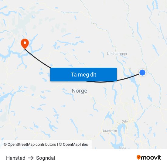 Hanstad to Sogndal map