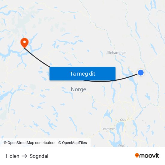 Holen to Sogndal map