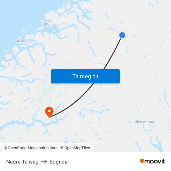 Nedre Tunveg to Sogndal map