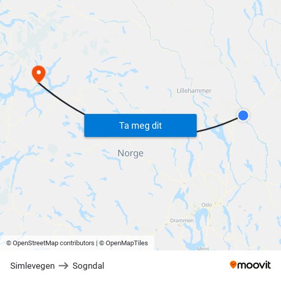 Simlevegen to Sogndal map