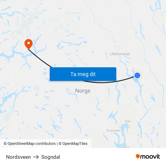 Nordsveen to Sogndal map
