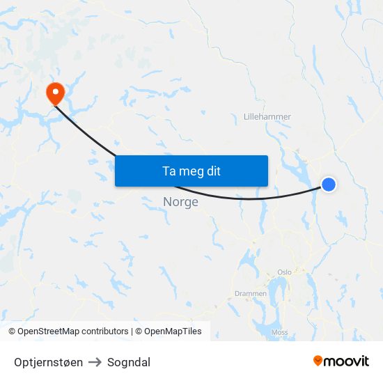 Optjernstøen to Sogndal map