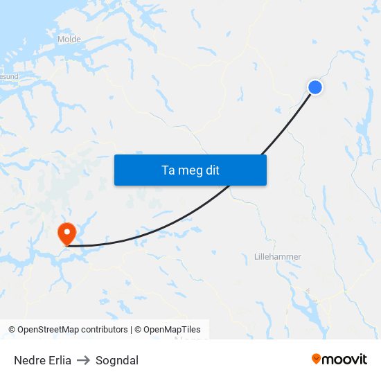 Nedre Erlia to Sogndal map
