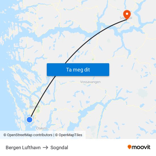 Bergen Lufthavn to Sogndal map