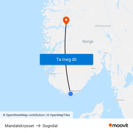 Mandalskrysset to Sogndal map