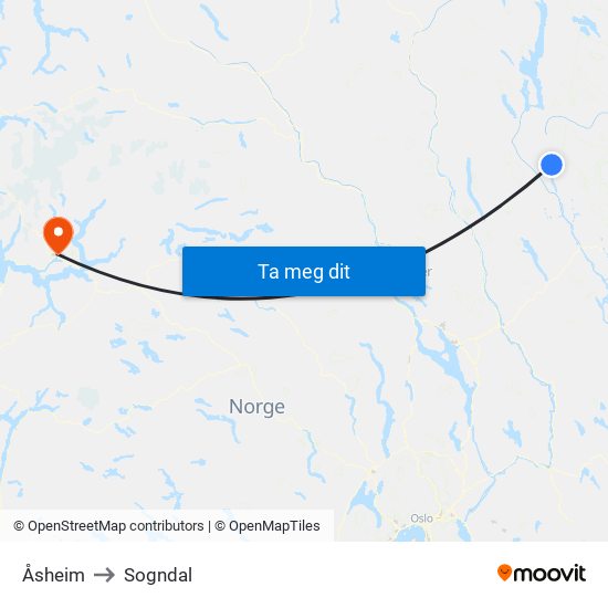 Åsheim to Sogndal map