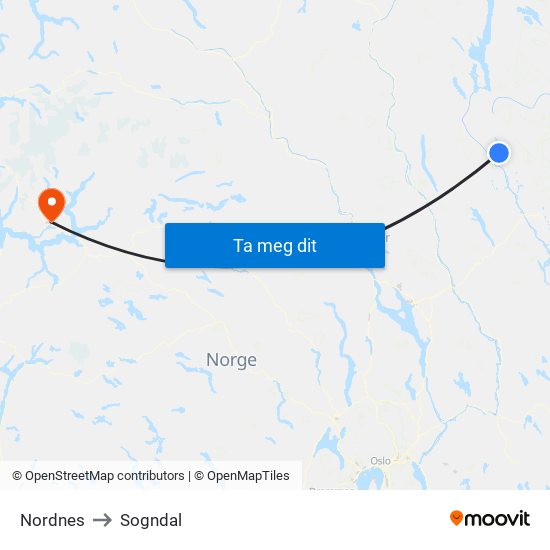 Nordnes to Sogndal map