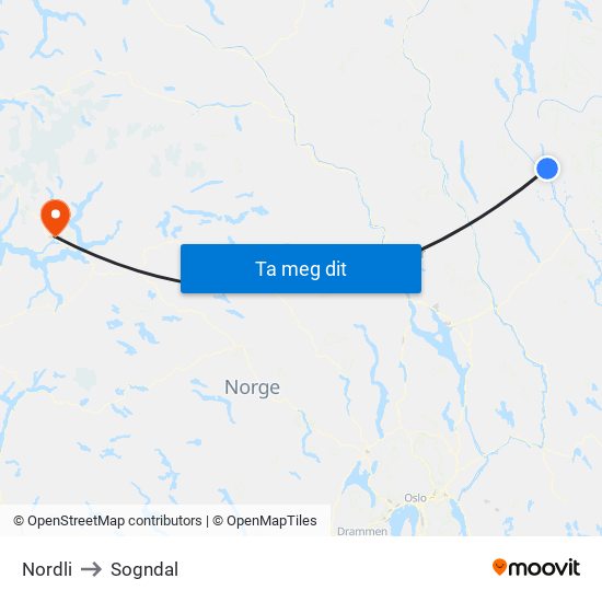 Nordli to Sogndal map