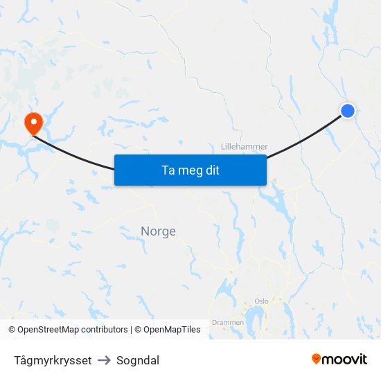 Tågmyrkrysset to Sogndal map