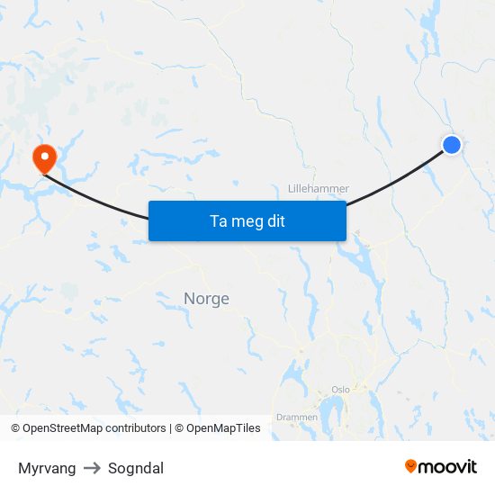Myrvang to Sogndal map