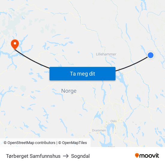 Tørberget Samfunnshus to Sogndal map