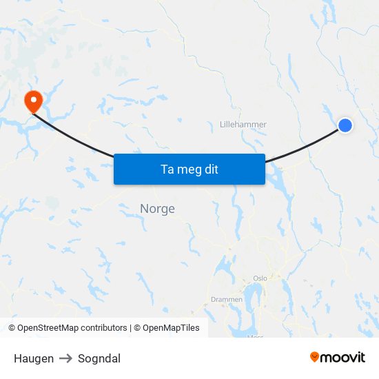 Haugen to Sogndal map