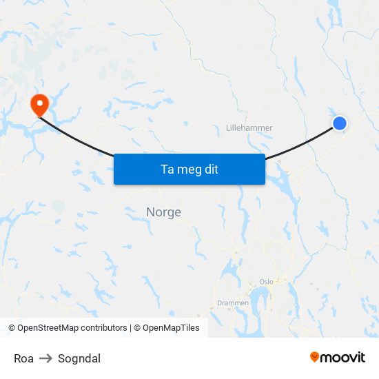 Roa to Sogndal map