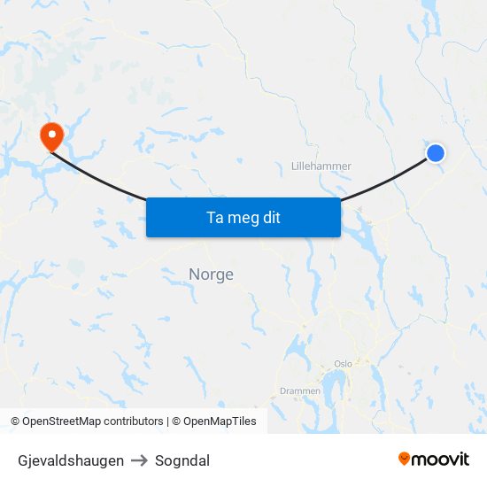 Gjevaldshaugen to Sogndal map