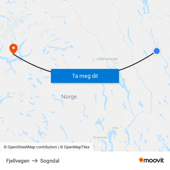 Fjellvegen to Sogndal map