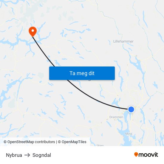 Nybrua to Sogndal map