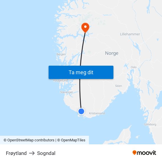 Frøytland to Sogndal map