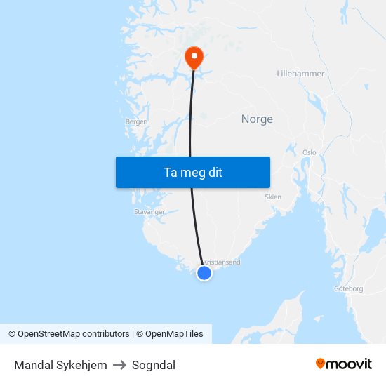 Mandal Sykehjem to Sogndal map