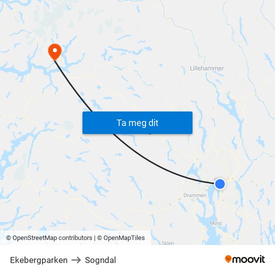 Ekebergparken to Sogndal map