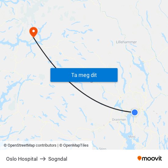 Oslo Hospital to Sogndal map