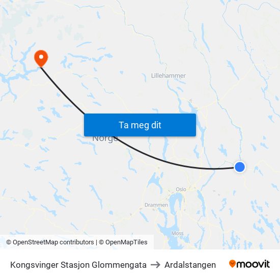 Kongsvinger Stasjon Glommengata to Ardalstangen map