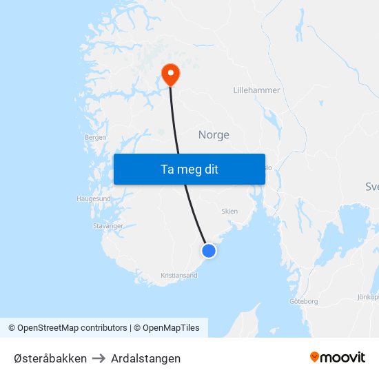 Østeråbakken to Ardalstangen map