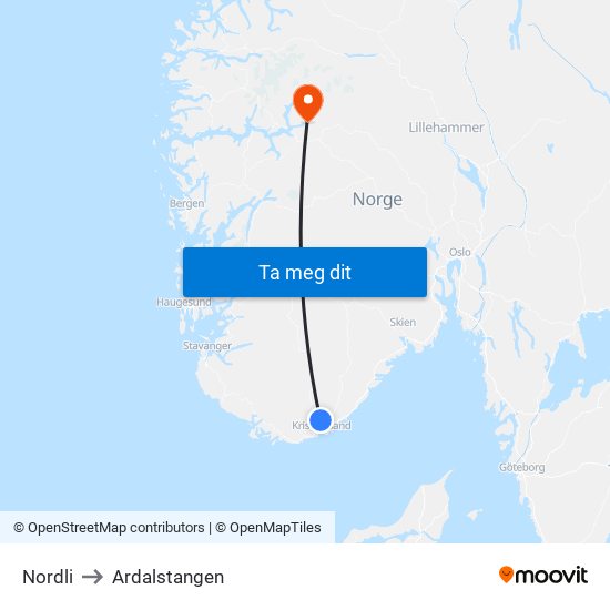 Nordli to Ardalstangen map