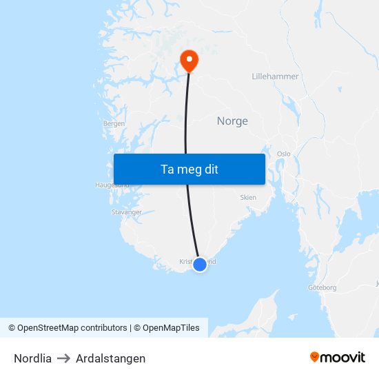 Nordlia to Ardalstangen map