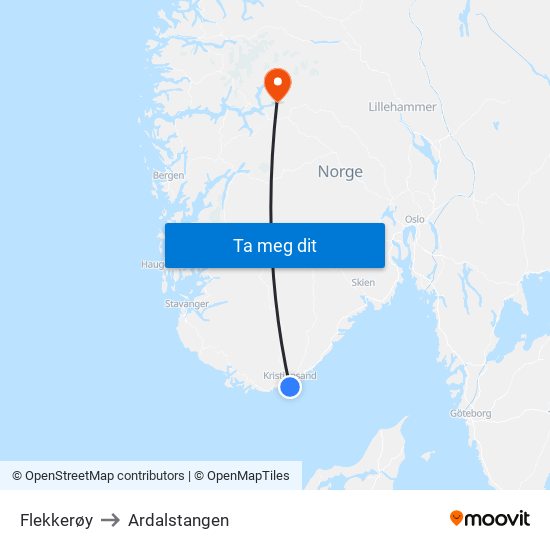 Flekkerøy to Ardalstangen map