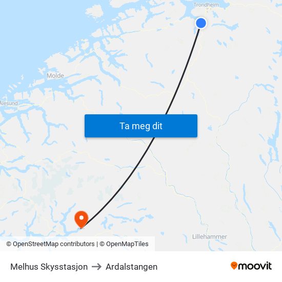 Melhus Skysstasjon to Ardalstangen map