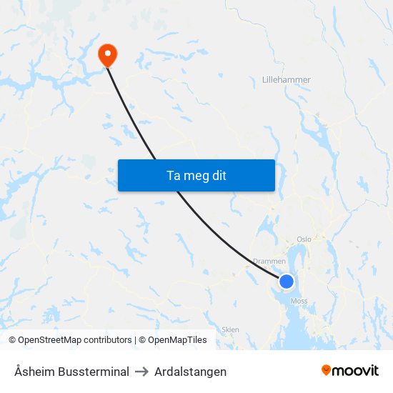 Åsheim Bussterminal to Ardalstangen map