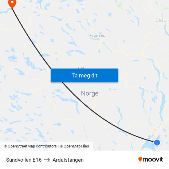 Sundvollen E16 to Ardalstangen map