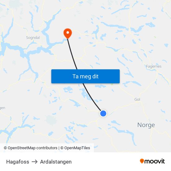 Hagafoss to Ardalstangen map