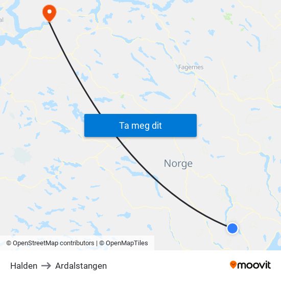Halden to Ardalstangen map