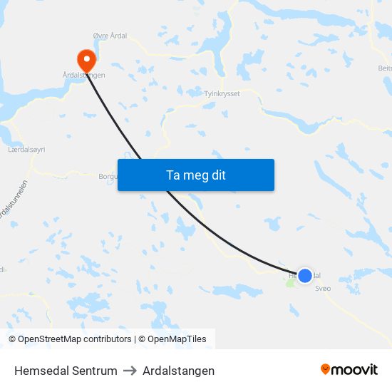 Hemsedal Sentrum to Ardalstangen map