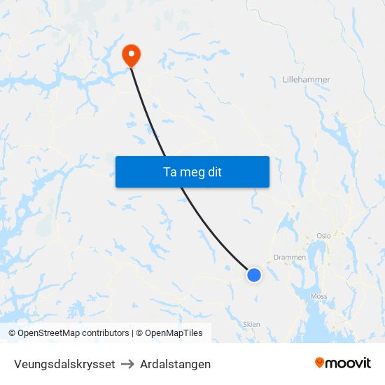 Veungsdalskrysset to Ardalstangen map