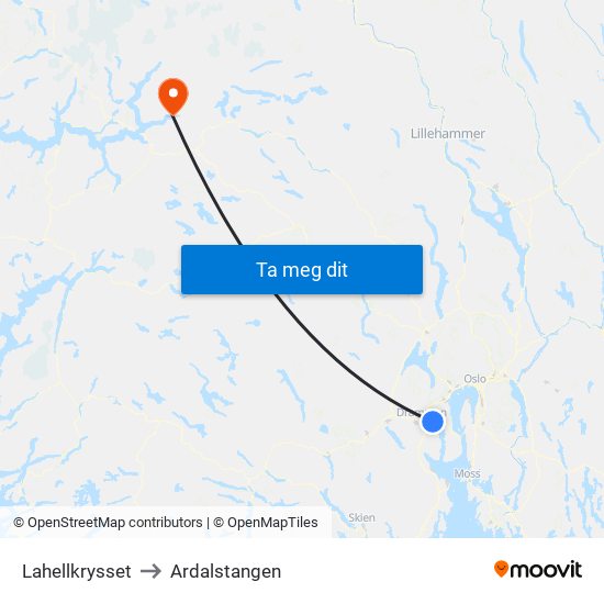 Lahellkrysset to Ardalstangen map