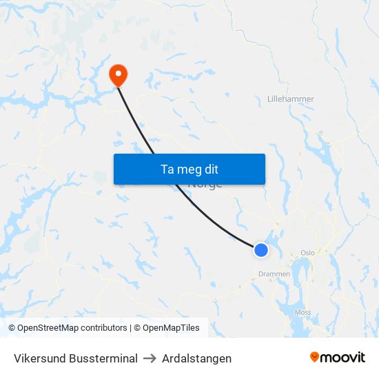 Vikersund Bussterminal to Ardalstangen map